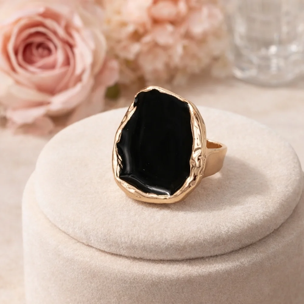 Gold Plated Unique Shaped Edge Black Drip Statement Ring
